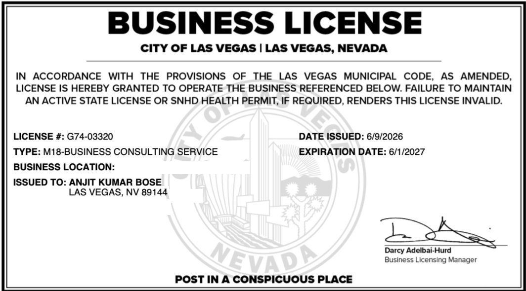 City of Las Vegas business license certificate