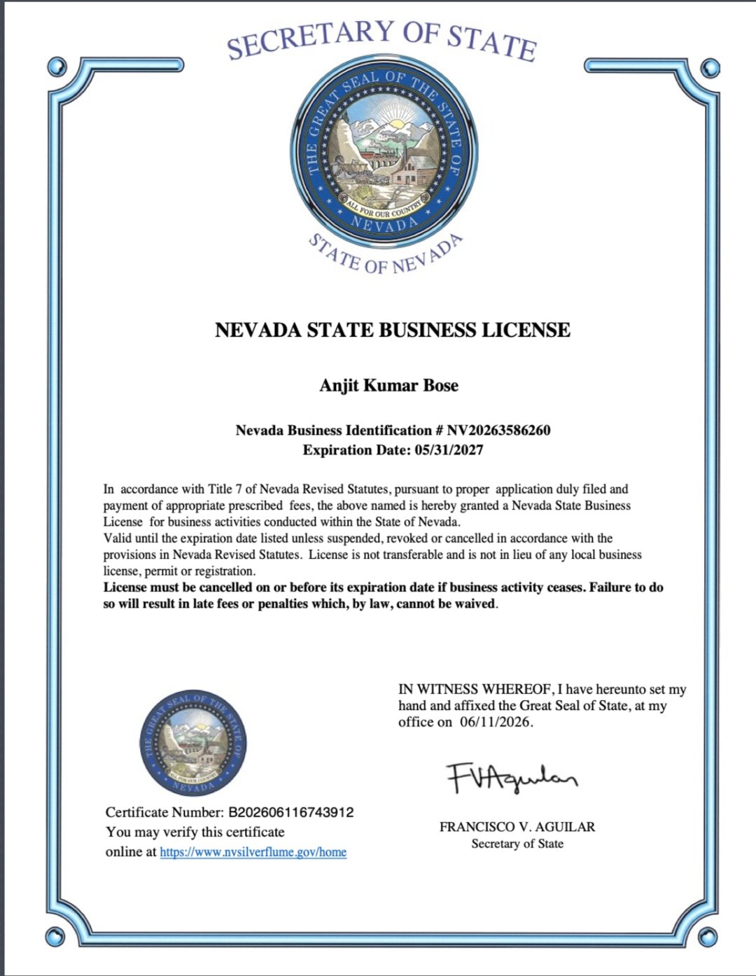 State of Nevada business license certificate